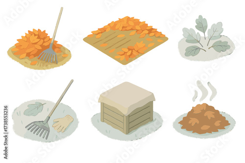 Seasonal Leaf Cleanup. Isometric vector illustration set Seasonal Leaf Cleanup: autumn leaves being gathered, rake marks among