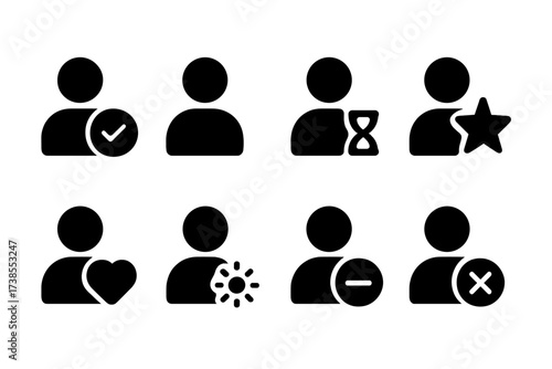Client Status Icons. Solid, filled icon set of client status: active, inactive, pending, VIP, loyal, new, suspended, blocked. [Line icons in only black color.