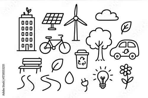 Eco-Friendly City Doodle. Hand-drawn doodle illustration Green city skyscraper, solar panel, wind turbine, bicycle, electric car, tree, recycling bin, park