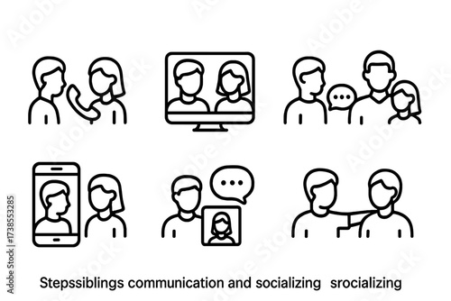 Stepsibling Communication Icons. Outline icon set of stepsiblings communication and socializing: phone call, video chat, message bubble, family meeting, social