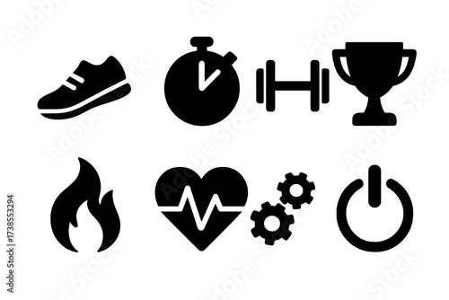 Performance Boost Icons. Solid, filled icon set of performance boost: running shoe, stopwatch, barbell, trophy, flame, heart rate, gears, power button. [Solid,