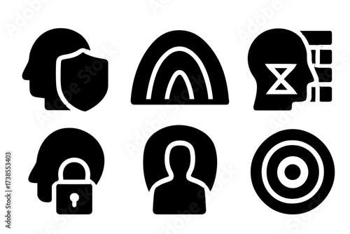 Mind Defense Icons. Solid, filled icon set of mind-based defenses: mental shield, psychic dome, anti-mind glyph, thought firewall, cognitive lock, emotional