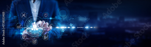 Bild auf Leinwand Network Administration, Businessman using mobile smartphone and IT infrastructure connecting data servers, cloud networks, security protocols, performance monitoring, firewalls, troubleshooting