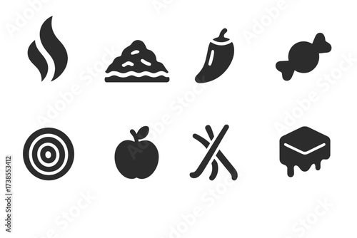 Whiskey Aroma Icons. Solid, filled icon set of whiskey flavors and aromas: smoky, peaty, spicy, sweet, woody, fruity, vanilla, caramel. Solid, filled icons in