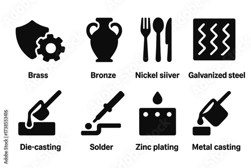 Zinc Alloys Icons. Solid, filled icon set of zinc alloys: brass, bronze, nickel silver, galvanized steel, die casting, solder, zinc plating, metal casting.