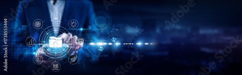 Fotografía Open Data, Businessman using mobile smartphone and data platforms connecting information sharing, transparency, APIs, research analytics, public datasets, collaboration tools