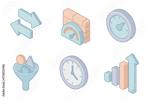 Network Control Icons. Isometric vector illustration set Network traffic control: directional packet arrows, firewall bandwidth