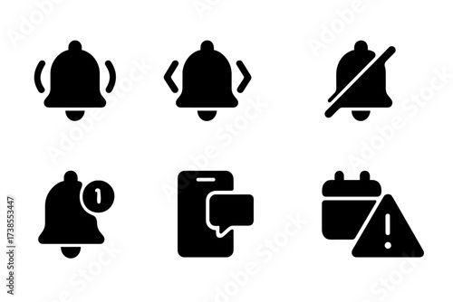 Phone Notification Icons. Solid, filled icon set of phone notifications: ringtone, vibration, silent mode, badge, popup, alarm, reminder, alert. [Solid, filled