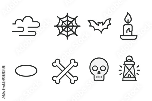 Crypt Icon Set. Outline icon set of crypt atmosphere: fog, cobweb, bat, candle flame, shadow, bones, skull, lantern light. Line icons in only black color,