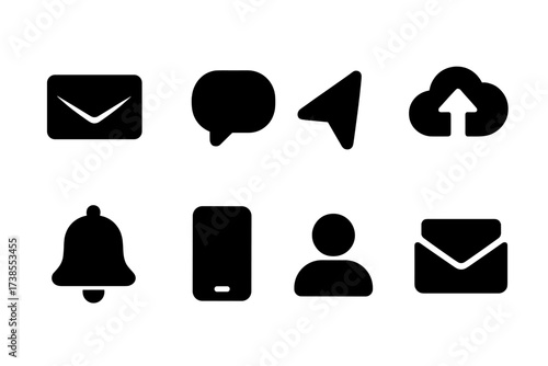 Digital Icon Set. Solid, filled icon set of digital sender: email, chat bubble, send arrow, cloud upload, notification alert, mobile device, user avatar,