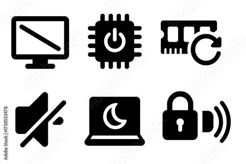 Standby Function Icons. Solid, filled icon set of standby functions in electronics: screen off, CPU idle, memory refresh, network standby, audio mute, system