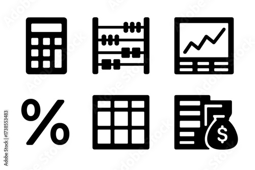 Tax Tools Icons. Solid, filled icon set of tax calculation tools: calculator, abacus, spreadsheet, financial graph, percentage sign, tax bracket chart, budget