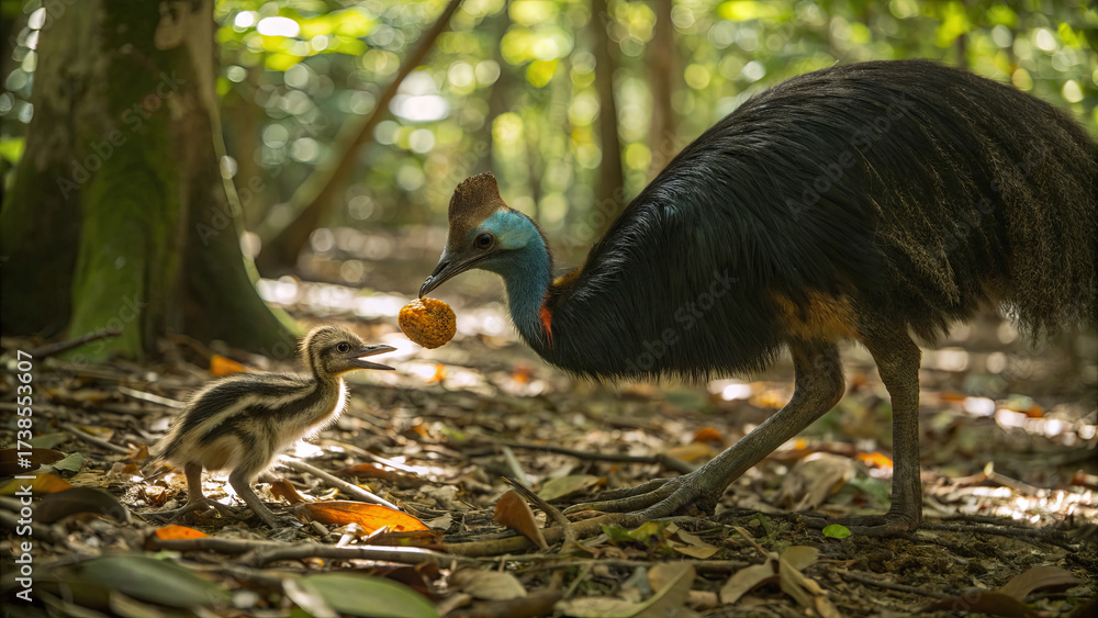 Naklejka premium A parent cassowary feeds its young chick in a vibrant forest filled with greenery and fallen leaves. Sunlight filters through the trees, creating a serene atmosphere