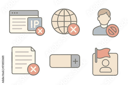 Isometric Blacklist Management Icons. Isometric vector illustration set Email blacklist management: IP blocklist window, domain