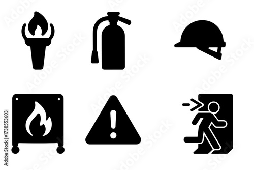 Torch Safety Icons. Solid, filled icon set of torch safety: flame guard, fire extinguisher, protective gloves, safety helmet, fire blanket, warning sign,