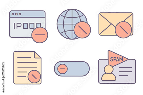 Isometric Blacklist Management Icons. Isometric vector illustration set Email blacklist management: IP blocklist window, domain
