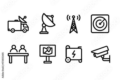 Mobile HQ Icons Set. Outline icon set of mobile HQ: command truck, satellite dish, communication antenna, radar screen, briefing table, map display, portable