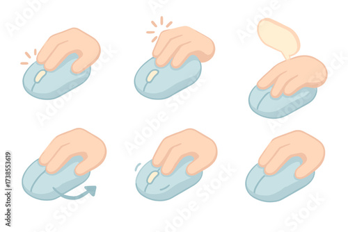Mouse Gesture Icons. Isometric vector illustration set Mouse interaction gestures: left-click symbol, double-click icon, drag and