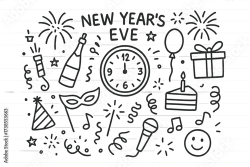 New Year's Eve Icons. Hand-drawn doodle illustration New Year?s Eve countdown party and decor clock striking midnight, champagne bottle, fireworks, party hat,