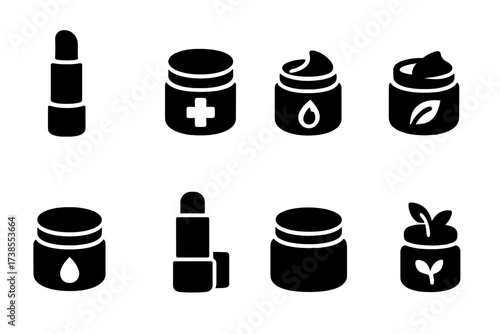 Balm Icons Grid. Solid, filled icon set of balm types: lip balm, healing balm, soothing balm, herbal balm, moisturizing balm, balm stick, ointment jar, natural