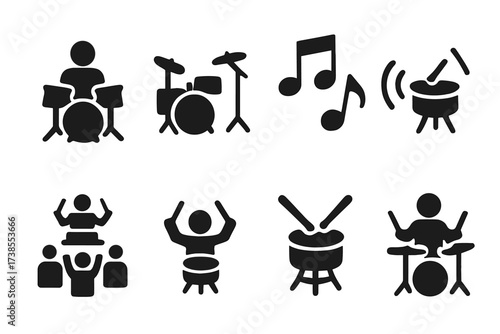 Rimshot Icon Set. Solid, filled icon set of rimshot performance: drummer, drum kit, rhythm, beat, concert, practice, groove, percussionist. Solid, filled icons