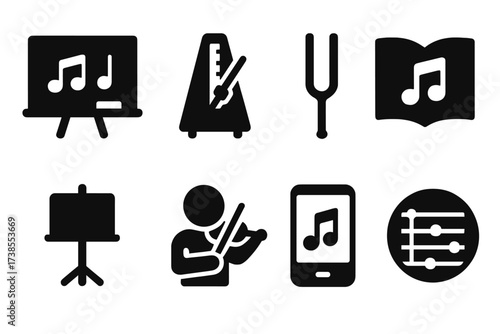 Music Education Icons. Solid, filled icon set of music education: blackboard with notes, metronome, tuning fork, practice book, music stand, student with