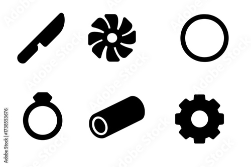 Nickel Alloy Icon Set. Solid, filled icon set of nickel alloy products: stainless steel knife, turbine blade, coin, watch, jewelry ring, pipe, industrial gear,