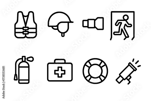 Helicopter Safety Icons. Outline icon set of helicopter safety: life vest, helmet, seatbelt, emergency exit, fire extinguisher, first aid kit, flotation