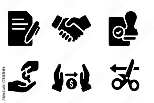 Deal Finalization Icons. Solid, filled icon set of closing: contract signing, handshake, final approval, document stamping, key handover, deal completion,