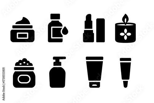 Self-Care Icon Grid. Solid, filled icon set of self-care products: moisturizer jar, essential oil bottle, lip balm, scented candle, bath salts, body lotion,