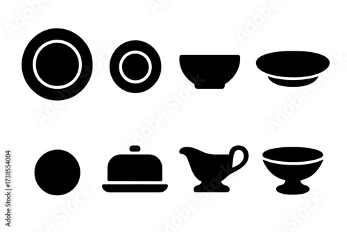 Dinnerware Icons Grid. Solid, filled icon set of dinner tableware: dinner plate, salad plate, soup bowl, serving platter, bread plate, butter dish, gravy boat,