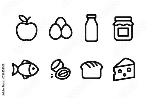 Local Food Icons. Solid, filled icon set of local food products: organic apple, farm eggs, milk bottle, homemade jam, fresh fish, nuts, homemade bread, cheese