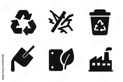 Nickel Recycling Icons. Solid, filled icon set of nickel recycling: recycling arrows, scrap metal, recycling bin, furnace, remelt, metal sheet, eco leaf,