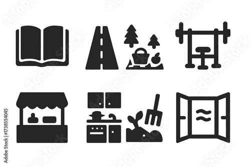 Open Lifestyle Icons. Solid, filled icon set of open lifestyle: open book reading, open road travel, open air picnic, open gym, open market shopping, open