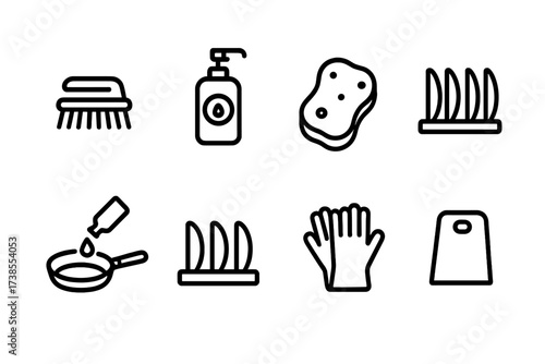 Pan Care Icons. Outline icon set of pan cleaning and maintenance: scrub brush, soap bottle, sponge, drying rack, oiling pan, storage rack, gloves, pan scraper.