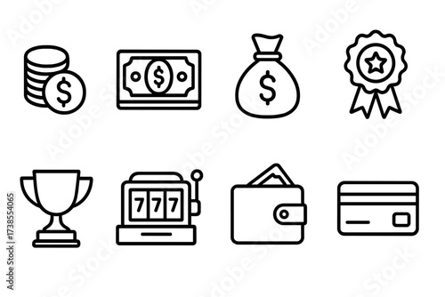 Winning Cash Icons. Outline icon set of winning cash: gold coins, money stack, cash bag, prize ribbon, trophy, jackpot slot machine, wallet, credit card. Line