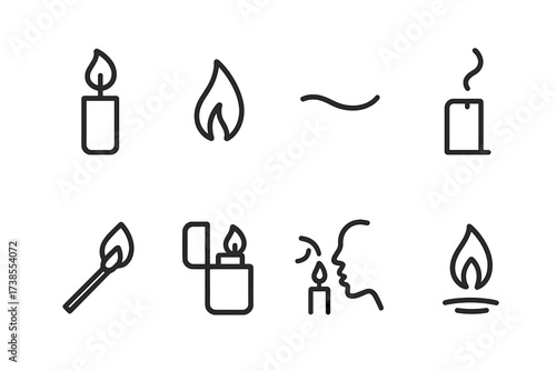 Candle Icon Set. Outline icon set of candle lighting: lit candle, flame flicker, candle wick, candle flame with smoke, matchstick, lighter, candle being blown