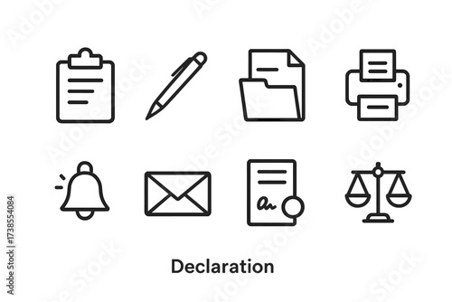 Declaration and Mail Icons. Outline icon set of declaration tools: clipboard, pen, document folder, printer, announcement bell, envelope, contract, legal