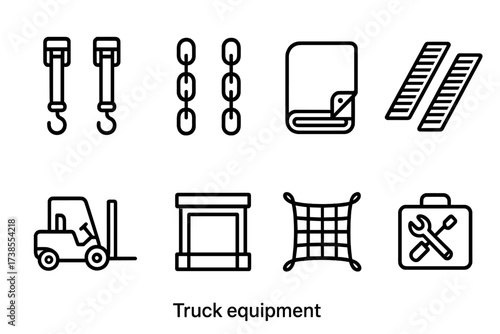 Truck Equipment Icons. Outline icon set of truck equipment: straps, chains, tarps, ramps, forklifts, loading dock, cargo net, tool kit. Line icons in only