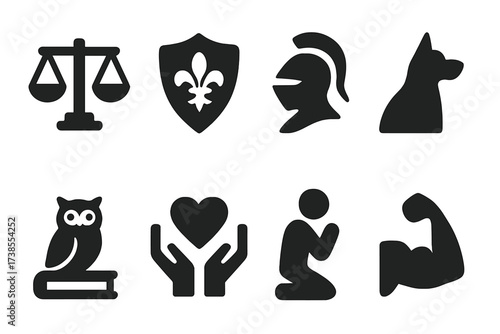Noble Values Icons. Solid, filled icon set of noble values: justice, honor, courage, loyalty, wisdom, charity, humility, strength. Solid, filled icons in only