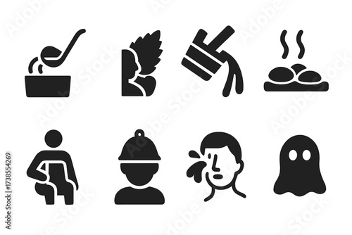 Iconic Bathhouse Rituals. Solid, filled icon set of bathhouse rituals: steam pouring, birch whisk hitting, wooden bucket pouring, hot stone heating, towel