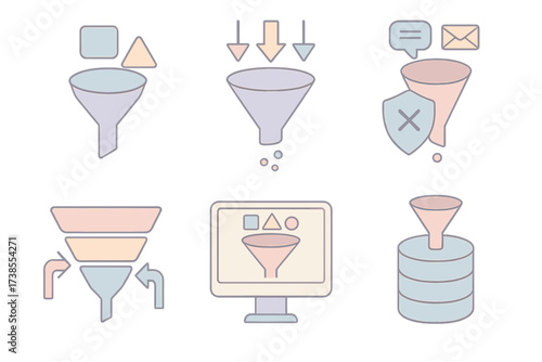 Data Funnel Graphics. Isometric vector illustration set Digital filter and funnel metaphor: data funnel icon, information flow