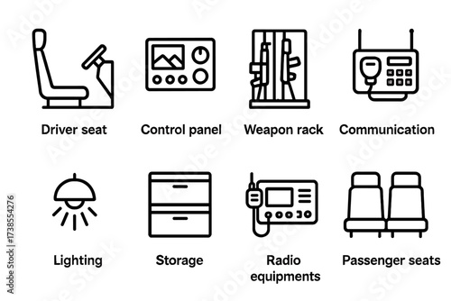 APC Interior Icons. Outline icon set of APC interior elements: driver seat, control panel, weapon rack, communication console, lighting, storage compartments,