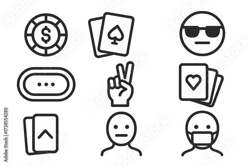 Poker Icon Set. Outline icon set of poker face: poker chips, playing cards, sunglasses, straight face, poker table, hand gesture, card deck, facial mask. Line