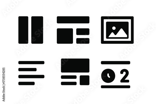 Newspaper Icon Set. Solid, filled icon set of newspaper layout: columns, headline text, photo frame, caption, article block, date stamp, page number, byline.