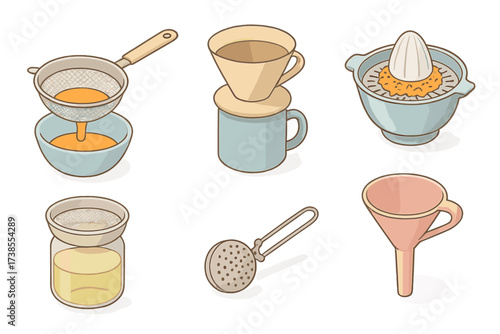 Kitchen Straining Tools. Isometric vector illustration set Kitchen straining and filtering: metal sieve with liquid, coffee filter