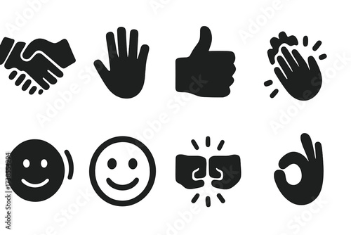 Approval Gestures Icons. Solid, filled icon set of approval gestures: handshake, high five, thumbs up, clapping, nodding, smiling face, fist bump, OK sign.