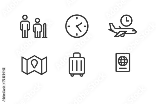 Travel Patience Icons. Outline icon set of patience in travel: waiting line, clock, delayed flight, luggage, map, passport, slow walking, ticket. Line icons in