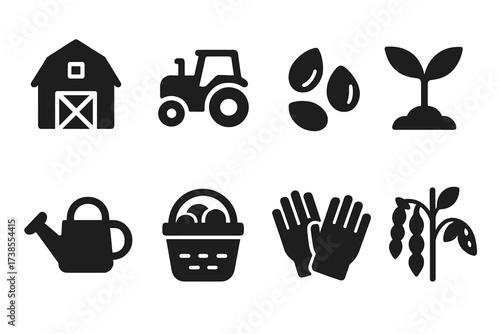 Farm Life Icons. Solid, filled icon set of farm life: barn, tractor, seeds, sprout, watering can, harvest basket, gloves, lima bean plant. [Line icons in only