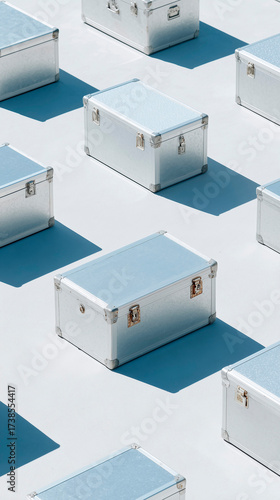 A pattern of silver, aluminum cases arranged on a light surface, creating a modern, minimal aesthetic.